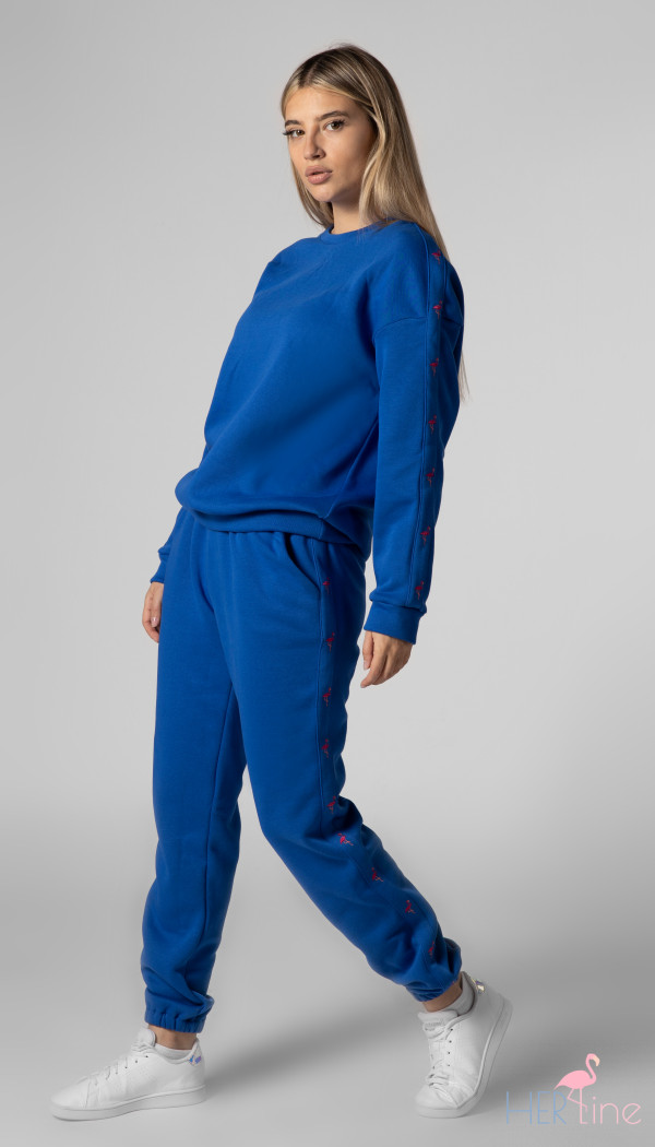 ROYAL BLUE track pants with pink logo tape 