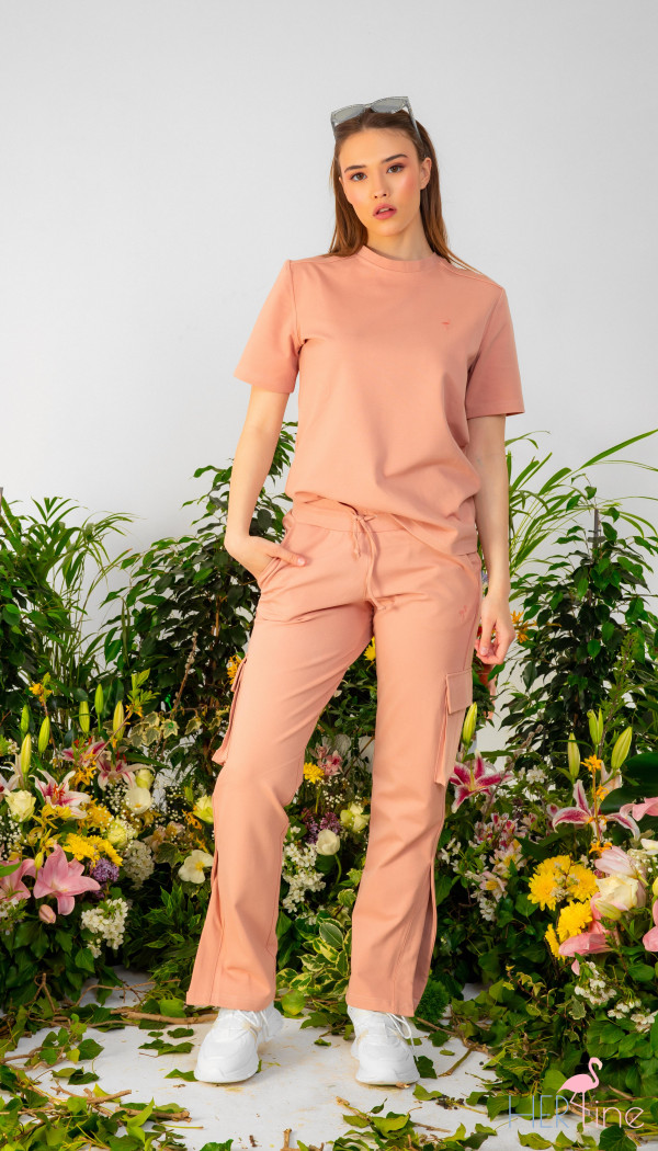 BLUSH PEONY CARGO STRAIGHT TROUSERS SET WITH T-SHIRT
