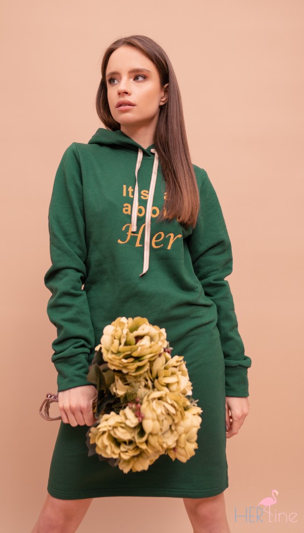 GREEN HOODIE DRESS WITH GOLD EMBROIDERY 