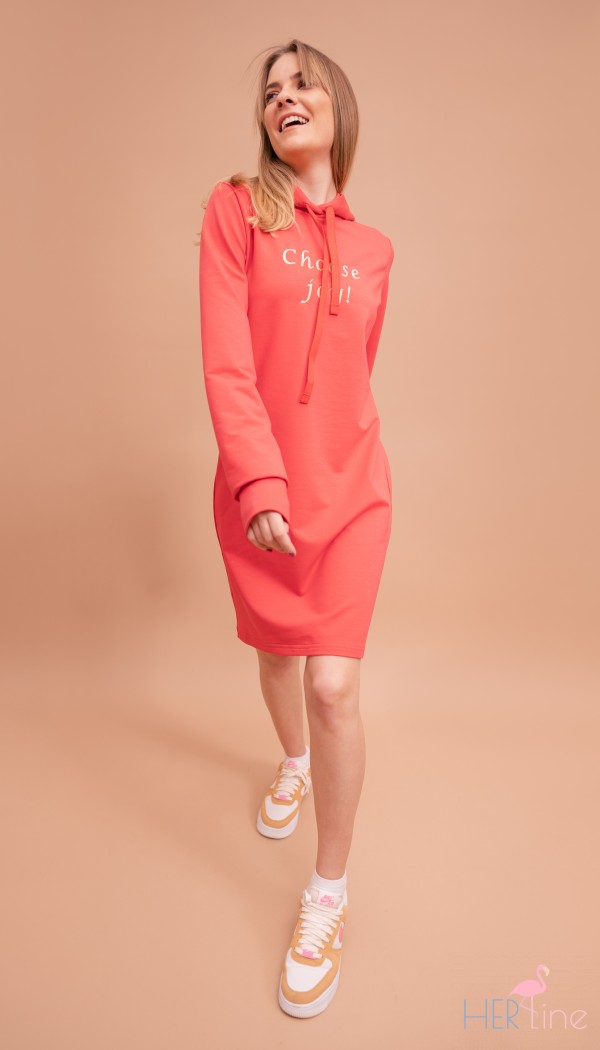 CORAL HOODIE DRESS WITH PASTEL YELLOW EMBROIDERY​