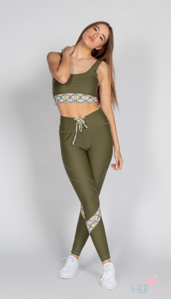 OLIVE LEGGINGS WITH DECORATIVE TAPE 