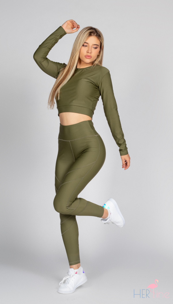 OLIVE  CROP TOP WITH LONG SLEEVE 
