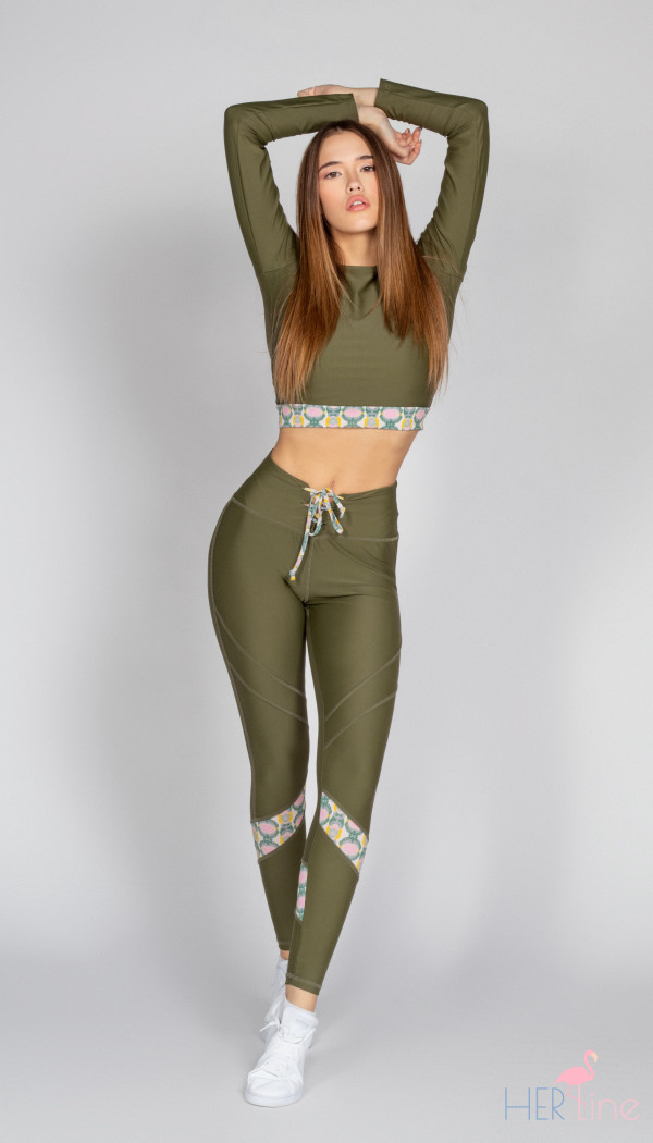 OLIVE CROP TOP WITH LONG SLEEVE AND DECORATIVE TAPE 