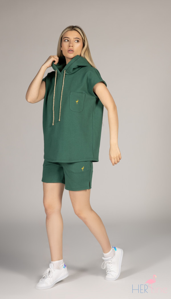 VERDE SCURO SHORT SLEEVE HOODIE WITH DECORATIVE LACES 