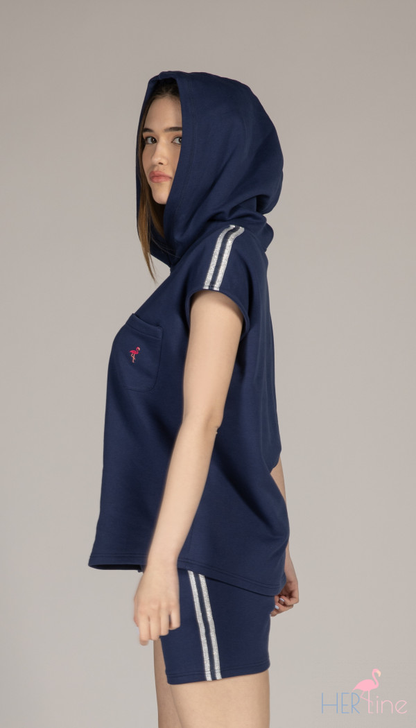 BLU SCURO SHORT SLEEVE HOODIE WITH DECORATIVE TAPE 