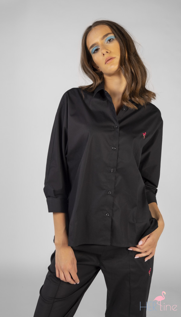 Black blouse with pink logo 