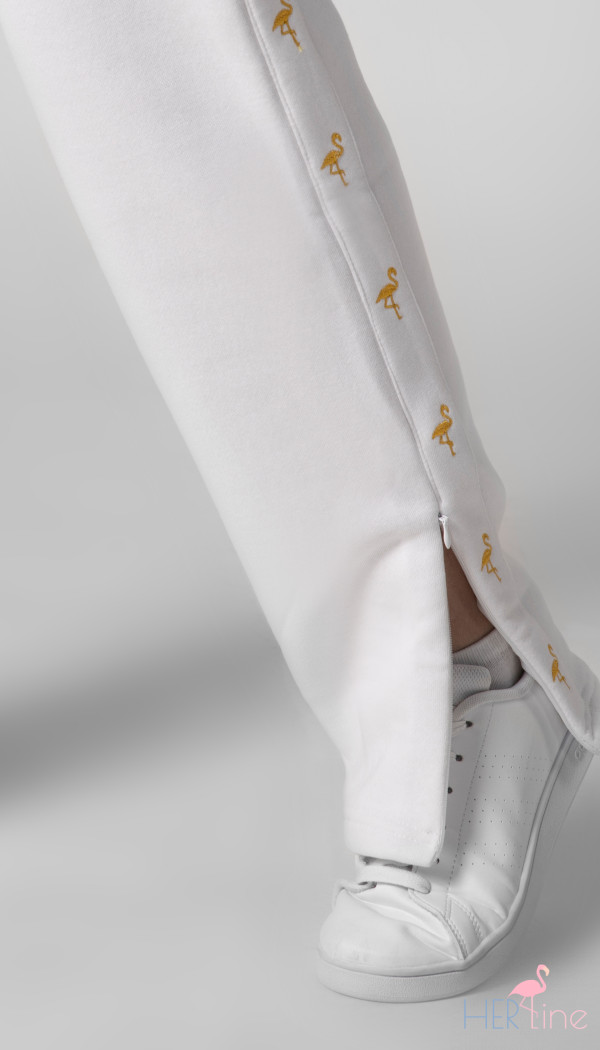 WHITE track pants with gold logo tape with zippers 