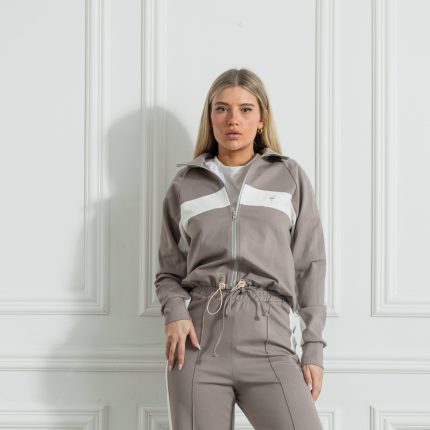 Taupe-White Powerline Zipper Sweatshirt