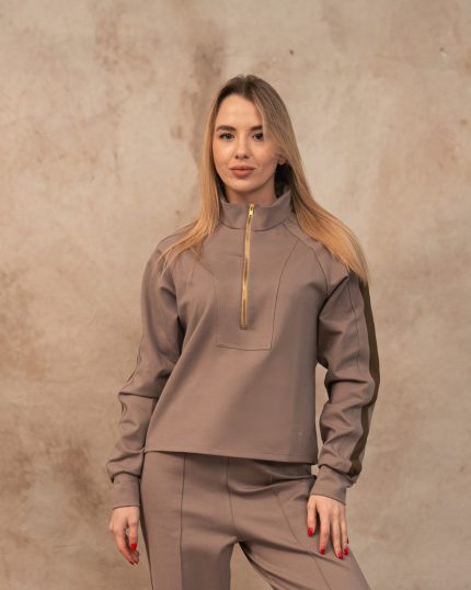 light brown sweatshirt with stripe